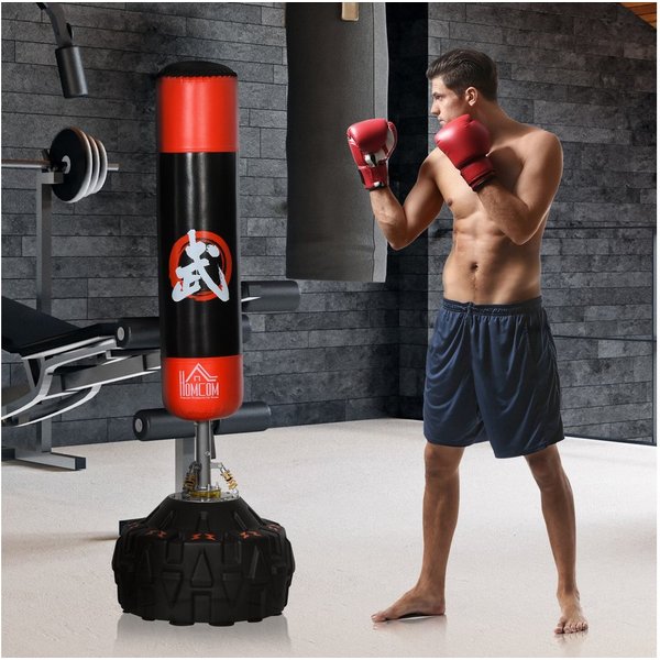 HOMCOM Standboxsack Erwachsene Freistehender Boxtrainingsgerät Training mit Saugfuß (Boxassistent, 1-tlg., Boxpartner), Schwarz+Rot, 60x60x180 cm
