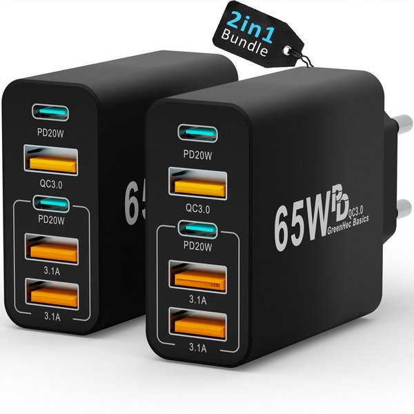 GreenHec Schnellladegerät USB C Ladegerät 65w Fast Charger Adapter 2x Schnelllade-Gerät (50 mA, Spar-Set, 65w Penta Charger 2er Pack, für Apple iPhone, Samsung,