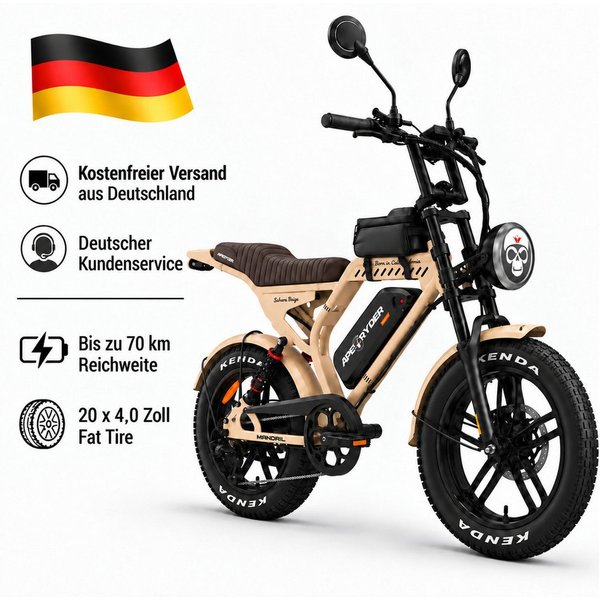 APE RYDER E-Bike Mountainbike 20 Zoll Fatbike 48V 15Ah Akku, bis 80 km, Shimano 7-Gang, hydraulisch, 7 Gang, Heckmotor, 720 Wh, (Packung)