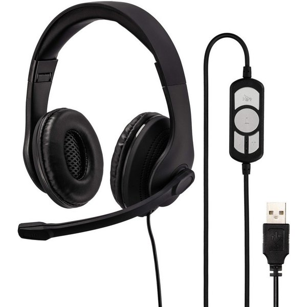 Hama Office Over-Ear Headset USB Stereo Schwarz PC-Headset (Mikrofon, PC Büro Kophörer Mikrofon Mikro Kopfbügel 2m Kabel Fernbedienung)