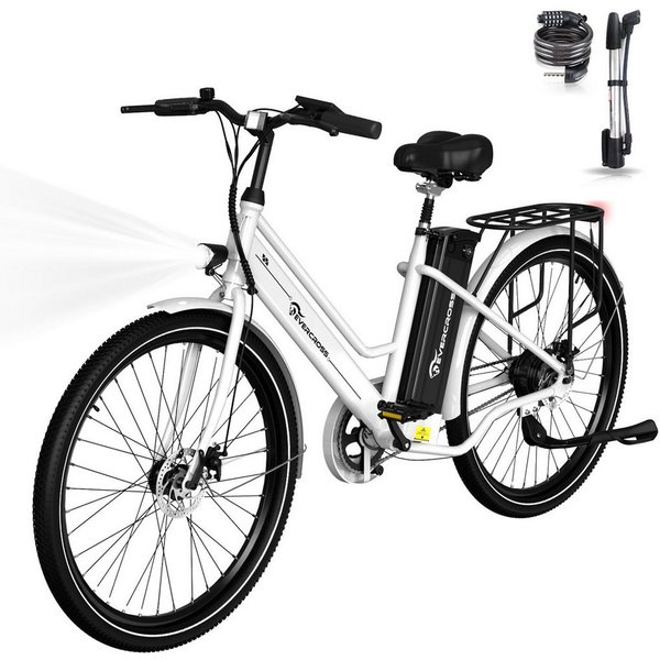 EVERCROSS TECH E-Bike Cityrad für Pendler,26-Zoll-Elektrofahrrad,36V 15,6AH Lithiumbatterie, Heckmotor, 561,6 Wh, 90Km, 1 Gang,E-Citybike mit Schloss, Pumpe