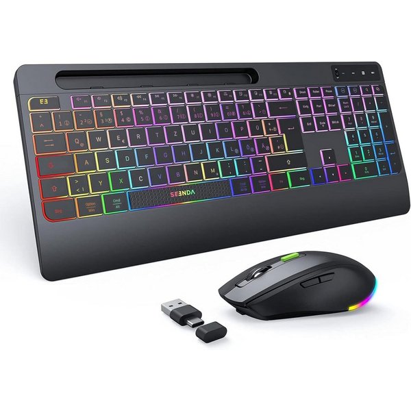 Seenda Tastatur Maus Set kabellos QWERTZ, beleuchtet, USB-C Empfänger Tastatur- und Maus-Set, (3 St., Kabelloses QWERTZ Tastatur-Maus-Set für Büro & Homeoffice)