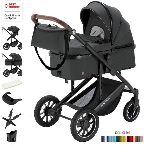 Daliya® Kombi-Kinderwagen FLEXI-PRO M 2in1 Kinderwagen & Buggy, Reisekinderwagen, XXL Set, (10-tlg), Einhändig abnehmbare Wanne, Alu-Rahmen, Gummireifen, Gurte,