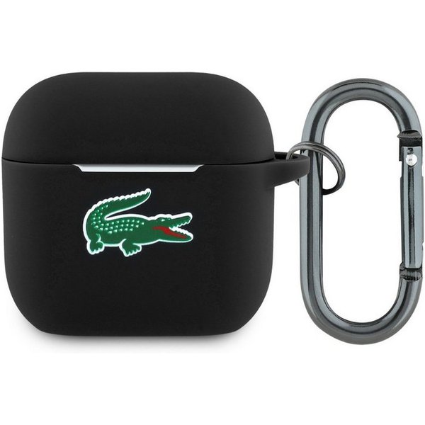Lacoste Kopfhörer-Schutzhülle Case AirPods 4 Silikon schwarz Logo Krokodil grün mit Karabiner, Karabiner