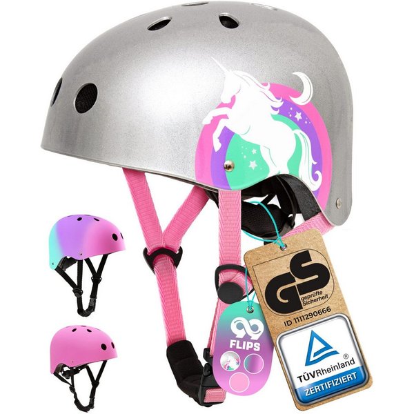 99FLIPS Fahrradhelm Mädchen ab 3 Jahre Skateboard Helm Kinder Einhorn Design, Kinderhelm Inliner Fahrrad Helm Pink Kleinkinder Schlittschuhe