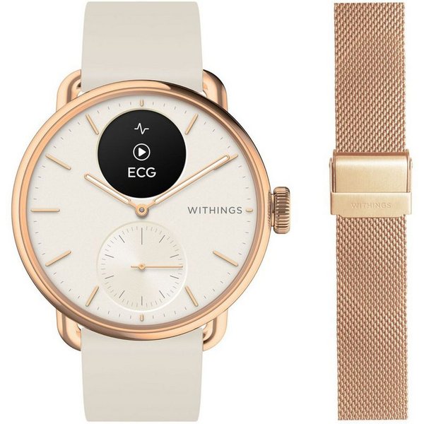 Withings ScanWatch 2, Akku bis 35 Tage, appfähige Smartwatch Set, 38 mm, inkl. Milanese Band Rosegold, Übermittlung von Gesundheitsdaten
