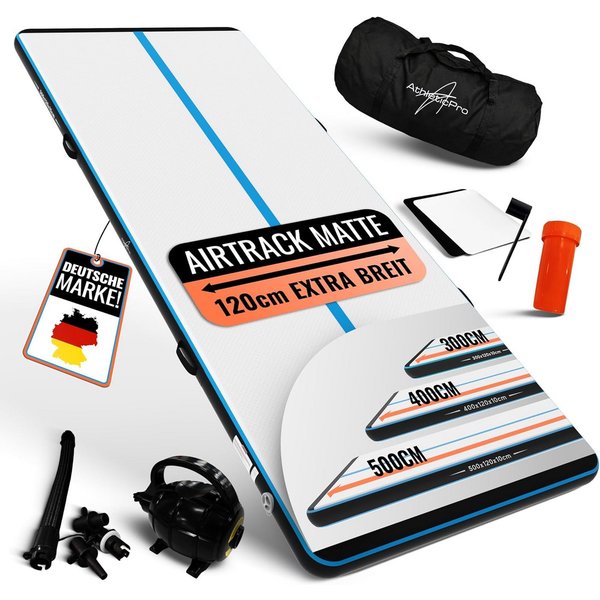 AthleticPro Turnmatte Airtrack Matte - 120cm breit, 3-5m Turnmatte aufblasbar, Tragetasche (10cm), inkl. elektrischer Pumpe, Reparaturset, wasserdicht