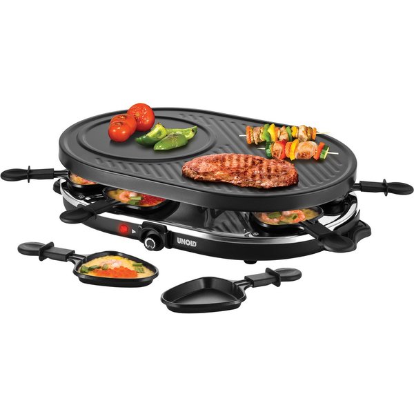 Unold Raclette Gourmet -, 8 Raclettepfännchen, 1200 W, Grillplatte abnehmbar, glatt und geriffelt