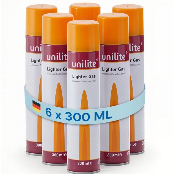 Unilite Gaskartusche Feuerzeuggas mit 6 Adaptern, Nachfüllgas für Feuerzeuge, 6 St., 6 x 300ml Set, Küchenbrenner, Flammbierer, Stabfeuerzeuge