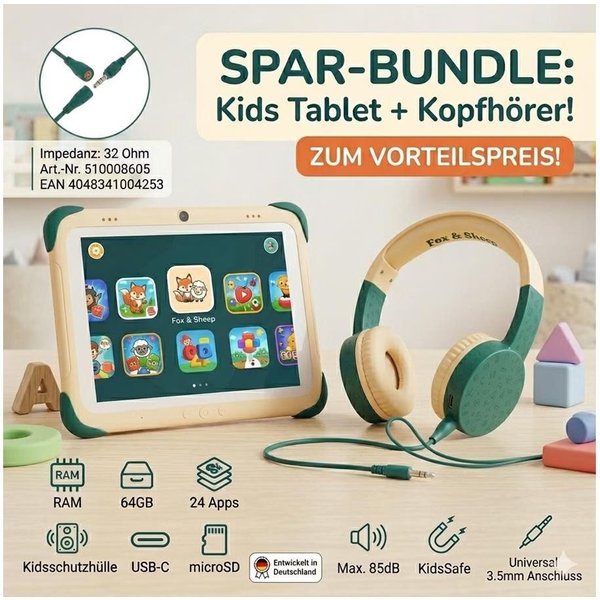 Fox & Sheep Kids Kinder Robustes Tablet 8 Zoll + Kopfhörer Tablet (8", 64 GB, Android 13, vorinstallierte Apps, erweiterbarer Speicher, integrierter Standfuß)