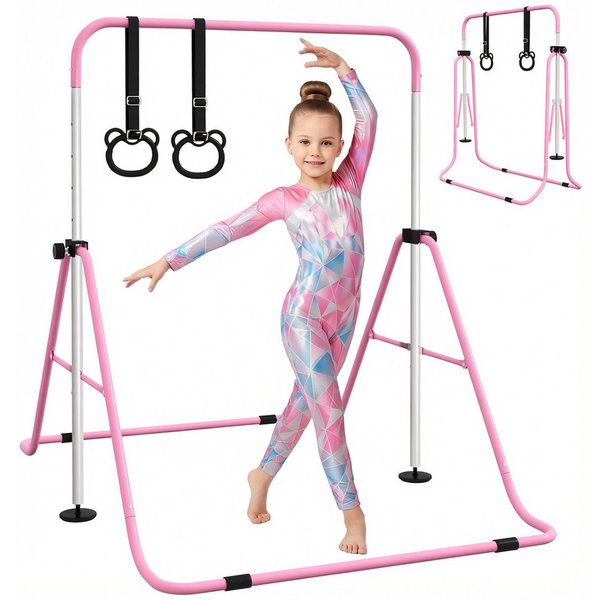 HOMCOM Turnreck Gymnastikstange für Kinder, Turnstange ab 3 Jahre, 88-128cm, (Reckanlage, 1-St., Reckstange), für Indoor bis 50 kg belastbar Stahl Rosa