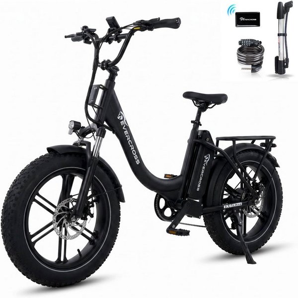 EVERCROSS TECH E-Bike 20×4.0 Fatbike, 7-Gang Shimano, 48V 18Ah abnehmbarer Akku 130km, Heckmotor, 864 Wh, 250W Motor Elektrofahrräder für Damen und Herren