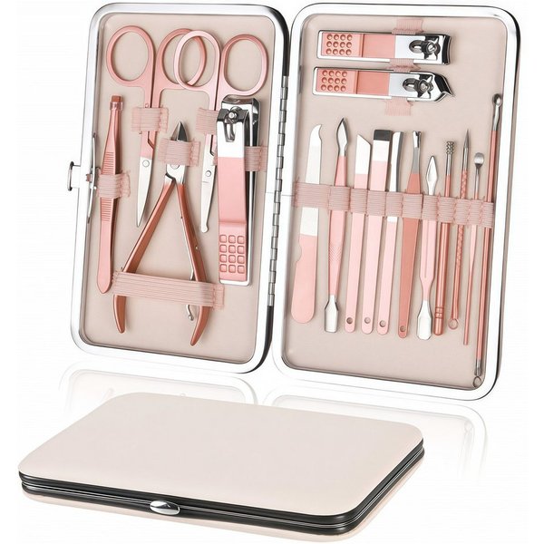 FOUORTUNATE-BEE Maniküre-Pediküre-Set 18-teiliges Pediküre-Set aus Edelstahl für Damen, Reisegeeignet, Professionelles Nagel- und Fußpflege-Set für Zuhause und 
