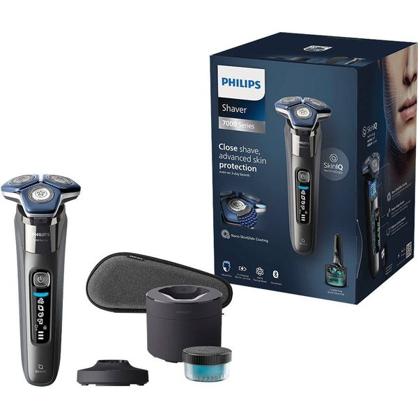 Philips Elektrorasierer Shaver Series 7000 S7887/55, Reinigungsstation, ausklappbarer Präzisionstrimmer, 1 Reinigungskartusche, Etui, Ladestand, mit SkinIQ Tech