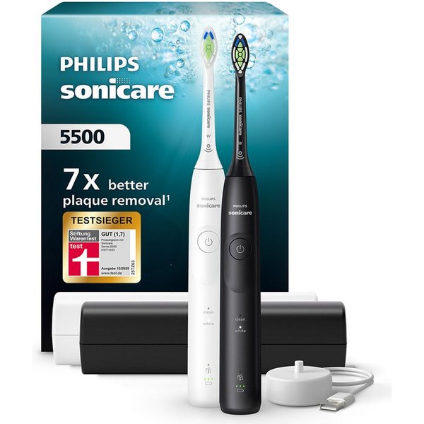 Philips Sonicare Elektrische Zahnbürste Series 5500 HX7119/02, Aufsteckbürsten: 2 St., mit Andruckkontrolle, 2 Putzeinstellungen, inkl. Reiseetui
