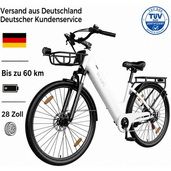 PIXAR E-Bike Pedelec 28 Zoll Citybike 36V 13Ah Akku 250W Motor bis 25 kmh Shimano, 7 Gang, Heckmotor, 468 Wh