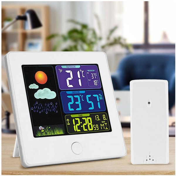 Casativo Funk-Wetterstation mit Außensensor, Farbdisplay, Wecker & Hygro Funkwetterstation (mit 60m Außensensor, Farbdisplay, Min/Max-Speicher & Snooze-Wecker)