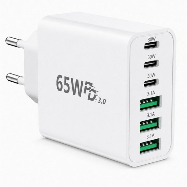 PlugUp 65W Ladegerät 6-Port 30W Schnellladeadapter Fast-Charging USB-Ladegerät (3100 mA, Universelles Schnellladegerät für Smartphone, Tablet & USB-C-Geräte)