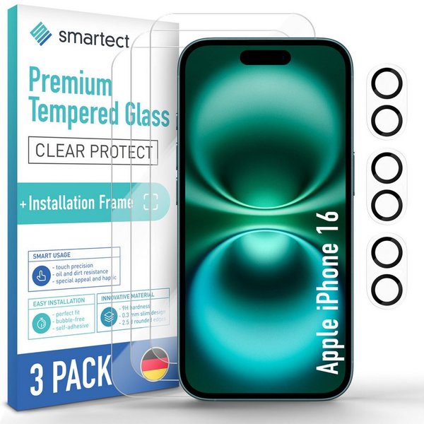 smartect Displayschutzglas Schutzglas Panzerfolie 3 + 3 Stück für iPhone 16 (Display + Kamera) für Apple iPhone 16, Set, 3 Stück, inkl. Anbringhilfe, 0.3 mm Ult