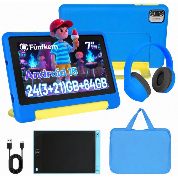 Happybe 7 Zoll 64GB HD-Display mit Schreibtafel, Kopfhörer & Tasche Kinder Tablet (7", 64 GB, Android, Android 15, Vorinstallierte Kindersoftware, Lernen durch 