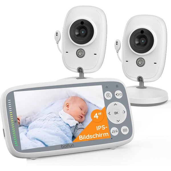 Boifun Video-Babyphone Babyphone mit 2 Kameras und Audio 30-Stunden-Akku, 4 Zoll Digital IPS Bildschirm Wireless Video-Baby-Monitor mit 2 Kameras, 1-tlg., Zwei-