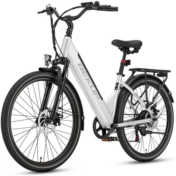 BEKUP E-Bike Cityrad Herren u. Damen 26 Zoll Fatbike mit 250 W Heckmotor bis zu 120 km, 7 Gang Shimano Shimano Tourney TZ Schaltwerk, Kettenschaltung, Heckmotor