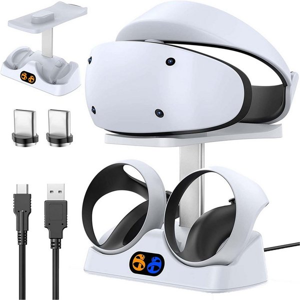 KINSI PS VR2 Ladestation, Ladestation für PS VR2 Controller Ladestation (500 mA, mit Headset Ständer, mit LED Licht, Typ C Kabel)