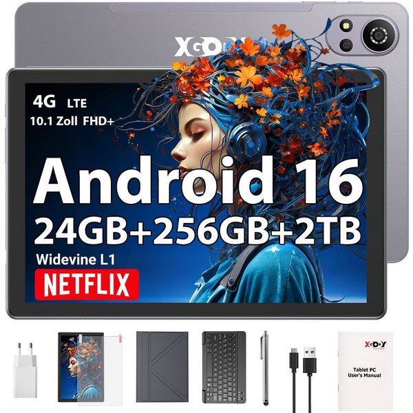 XGODY N05 Pro VIP (2SIM-4GLTE) mit Tastatur, Ledertasche und Ladegerät Tablet (10.1", 256 GB, Android 16, 2G (GSM), 3G (WCDMA), 4G (LTE), WLAN, SIM-Kartenslot, 