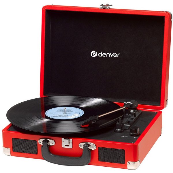Denver VPL-120R Plattenspieler (Riemenantrieb, Kofferdesign, Kopfhöreranschluss, mit 2 eingebauten Lautsprechern)