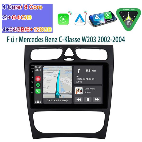 A-Sure Autoradio Android 15 Carplay Für Mercedes Benz C-Klasse W203 W209 Autoradio (Digitalradio (DAB), FM, AM)