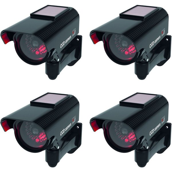 BASI Überwachungskamera Attrappe Dummy Kamera (Spar-Set, 4-tlg., solarbetrieben, LED-Licht, Innen-/Außenbereich, Wandhalterung, 4 Stück)