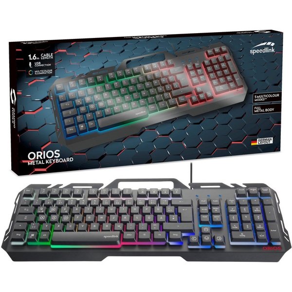 Speedlink ORIOS Metall USB Gaming Tastatur PC-Tastatur (RGB Beleuchtung, Gamer Keyboard, Smartphone-Halterung, Anti-Ghosting)