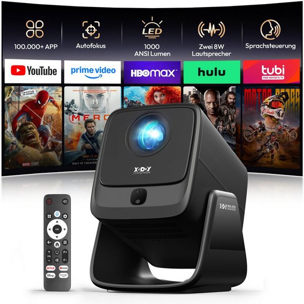 XGODY Beamer 4K Heimkino 1000 ANSI, kompatibel mit Netflix (Autofokus) UHD-Beamer (1000 lm, 15000:1, 3840 x2160(1000 ANSI) px, 150-Zoll-Display beamer mit leinw