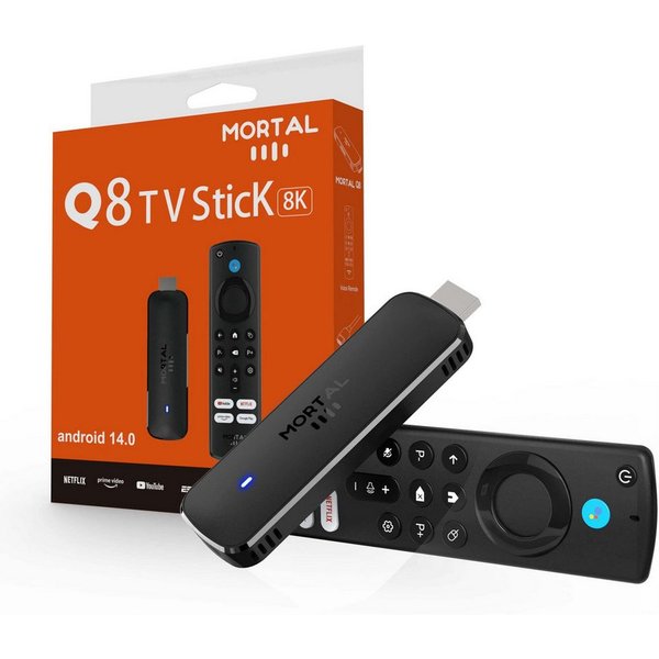 Athlix Streaming-Stick Mortal Q8 Streaming Stick Heimkino Media Player TV Stick Android 14.0, 4K UHD, WiFi 6, 16 GB Speicher, Quad-Core-Prozessor
