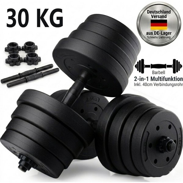 kehot Hantel-Set 30kg Hantelset aus PVC mit Zementfüllung - Kurz- & Langhantel, (2-in-1 Kurzhantel & Langhantel mit Verbindung für Langhantel, Ideal für Intensi