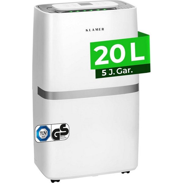 KLAMER Luftentfeuchter Elektrisch 25L, 195m³ Luftumwälzung pro Stunde, 420W starker Raumentf…, Entfeuchtung 25 l/Tag, Timer 1-24h, diverse Modi, Nachtmodus, Feu