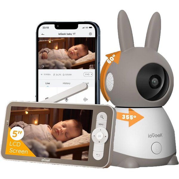 TWUFY Babyphone 5 Zoll WLAN Video babyfone PTZ 355° Babyphone mit Kamera 2K/3MP, IR-Nachtsicht, Automatische Verfolgung,Temperaturanzeige, Weinen/Bewegungs/Gerä