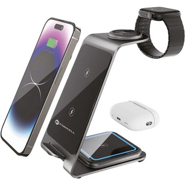 Forcell Forcell 3in1 Ladestation für Apple, Samsung uvm. Smartphone-Ladegerät (Ladestation für iPhone Pods Samsung Galaxy Watch Buds USB Ladegerät)