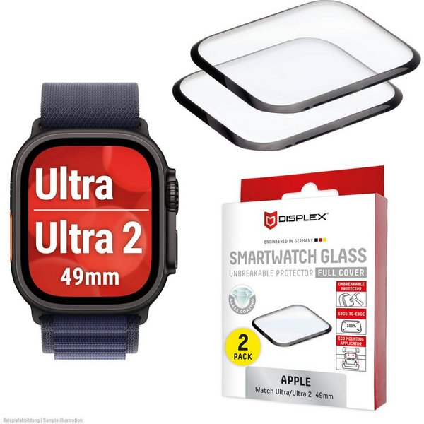 Displex Displayschutzglas Smartwatch Glass Unbreakable Protector Full Cover für Apple Watch Ultra 2 49 mm, Apple Watch Ultra 3 49 mm, Apple Watch Ultra 49 mm, P
