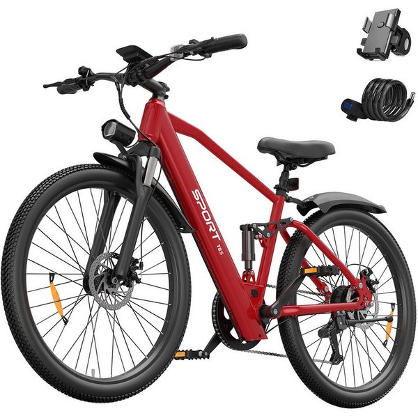 Vankel E-Bike Cityrad Herren Damen E-Mountainbike 26 Zoll 250W 624Wh 50km Shimano 7-Gang, Kettenschaltung, Heckmotor, 624 Wh, (Beleuchtungsset mit Batterieladeg