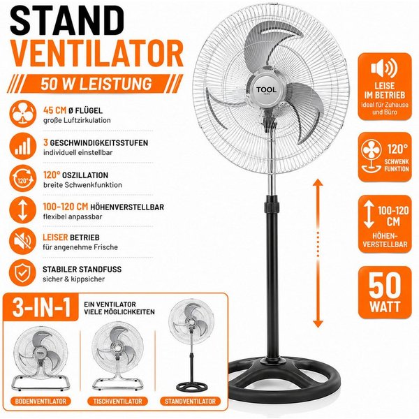 Ertex Standventilator Standventilator 3 in 1 Luftkühler45W Leise 45 cm Ventilator