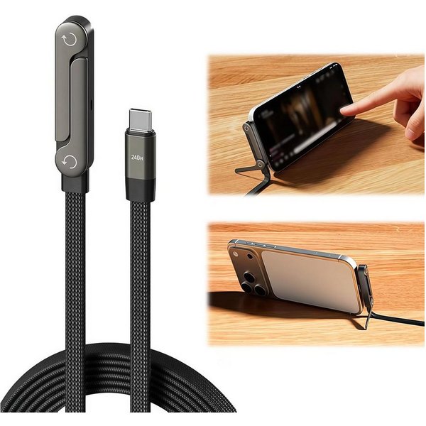 Vornix 240W USB C Ladekabel seitlich mit Faltbar Handy Ständer 1,5M Batteriekabel, USB-C auf C Datenkabel mit 90° rechtwinkligem Stecker, 2-in-1 Schnellladekabe