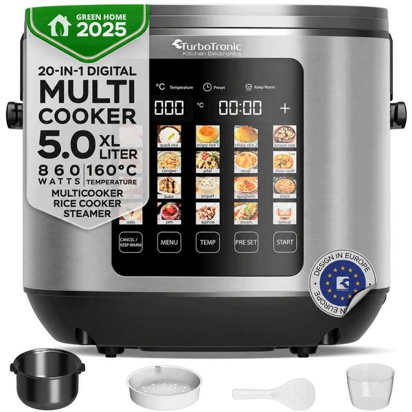 TurboTronic by Z-Line Multikocher elektrischer Dampf- und Schongarer Reiskocher Slow Cooker Silber, 860 W, 5 l Schüssel, 20in1 Schnellkochtopf perfekter Reis 5l