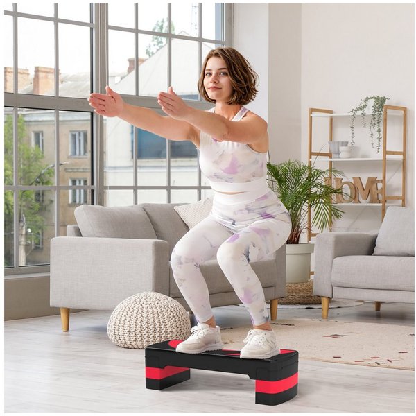 HOMCOM Stepper höhenverstellbar mit 3 Stufen, Fitness Heimtrainer (Aerobic-Stepper, 1-tlg., Steppbrett), für Indoor, Outdoor, Schwarz+Rot