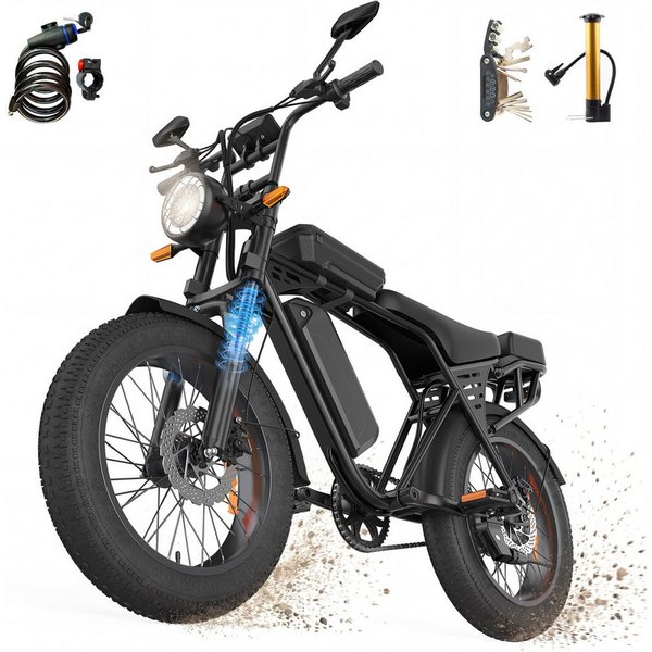 PixelPilot E-Bike Mountainbike X5 20 Zoll Fatbike 48 V 15 Ah Akku Elektrofahrrad und 4,0 Zoll Reifen, 1 Gang, Heckmotor, 720 Wh, (Packung)