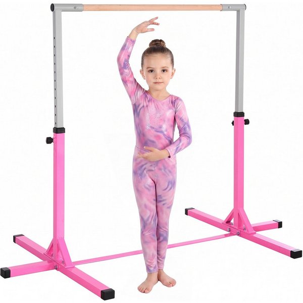 HOMCOM Turnreck Gymnastikstange höhenverstellbar Stahlkonstruktion bis 75 kg, (höhenverstellbar Turnstangen, 1-St., Trainingsgeräte Stahl), Buchenholz Rosa
