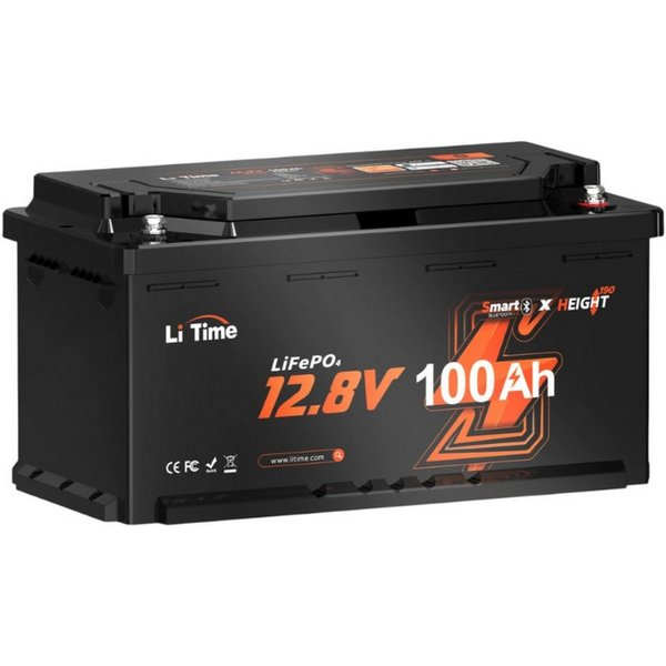 LiTime 12V 100Ah H190 LiFePO4 Batterie mit Bluetooth und BMS 1280Wh DIN H8 Solarakkus 100000 mAh (12 V), L358*B177*H188 mm, geeignet für Wohnmobile, Wohnwagen u