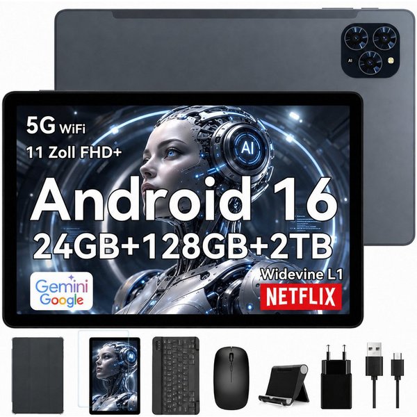TABWEE 11" FHD Android 16 Widevine L1 mit Tastatur, Maus, Stift, Hülle Tablet (11", 128 GB, Android16, 24GB(8+16GB) RAM, Gesichtsentsperrung, 8000mAh, 13MP, WiF