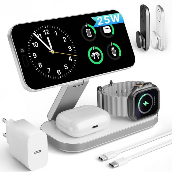 GreenHec Ladestation 25w Apple Watch iPhone 18 17 3in1 MagSafe Wireless Charger Wireless Charger (3000 mA, Spar-Set, 3in1 PowerBase + USB-C Kabel + 35w Ladegerä