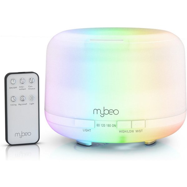 MyBeo Luftbefeuchter Aroma Diffuser 0,5 L mit Stimmungslicht in 7 Farben, 2 Nebelstufen, 0,5 l Wassertank, RGB, Timer, Fernbedienung, für Wohn- und Schlafzimmer